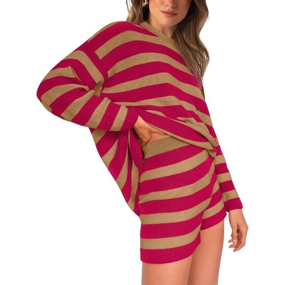 Women Red Sweater Set 2 Piece Outfits Shorts Athleisure Lounge Wear Fall Fashion - Picture 3 of 5